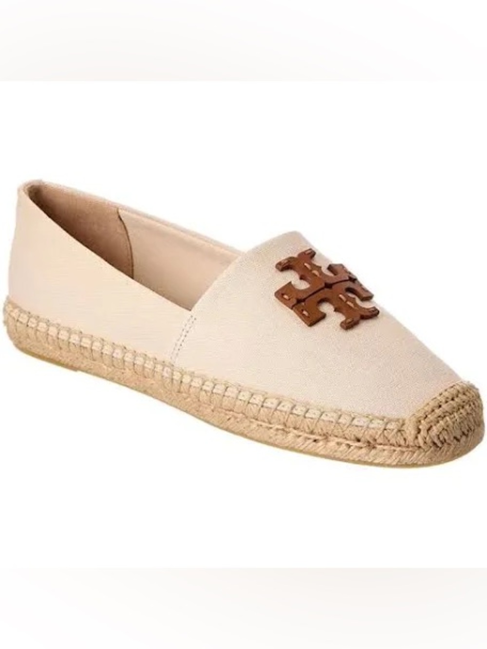 TORY BURCH Everly Cotton Canvas Espadrille Flats in Cream/Brown Leather Size 7.5